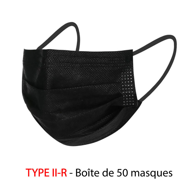 Boîte de 50 masques de protection noirs à usage unique TYPE II-R